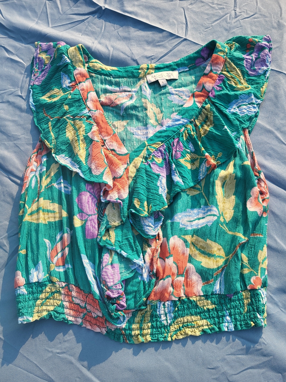 Rachel Zoe Teal Floral Ruffle Crop Top